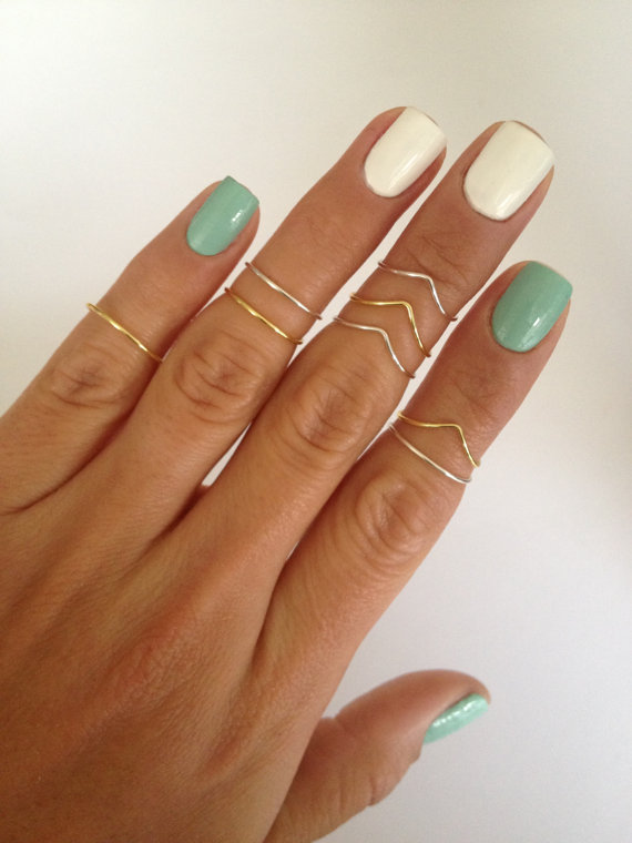 8 Midi Rings in Gold and Silver, Chevron and Simple Band Midi Rings. Mid knuckle stacking rings to wear in many combinations!